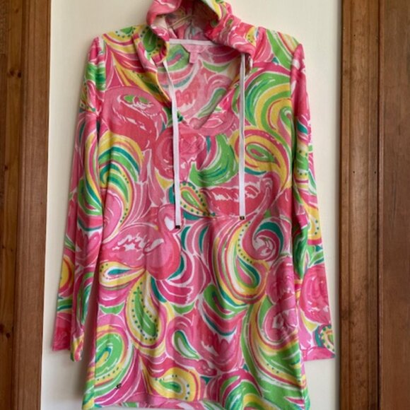 LILLY PULITZER Megan Hooded Tunic Terrycloth Swim Cover Up Pink Flamingos Small - Picture 4 of 17